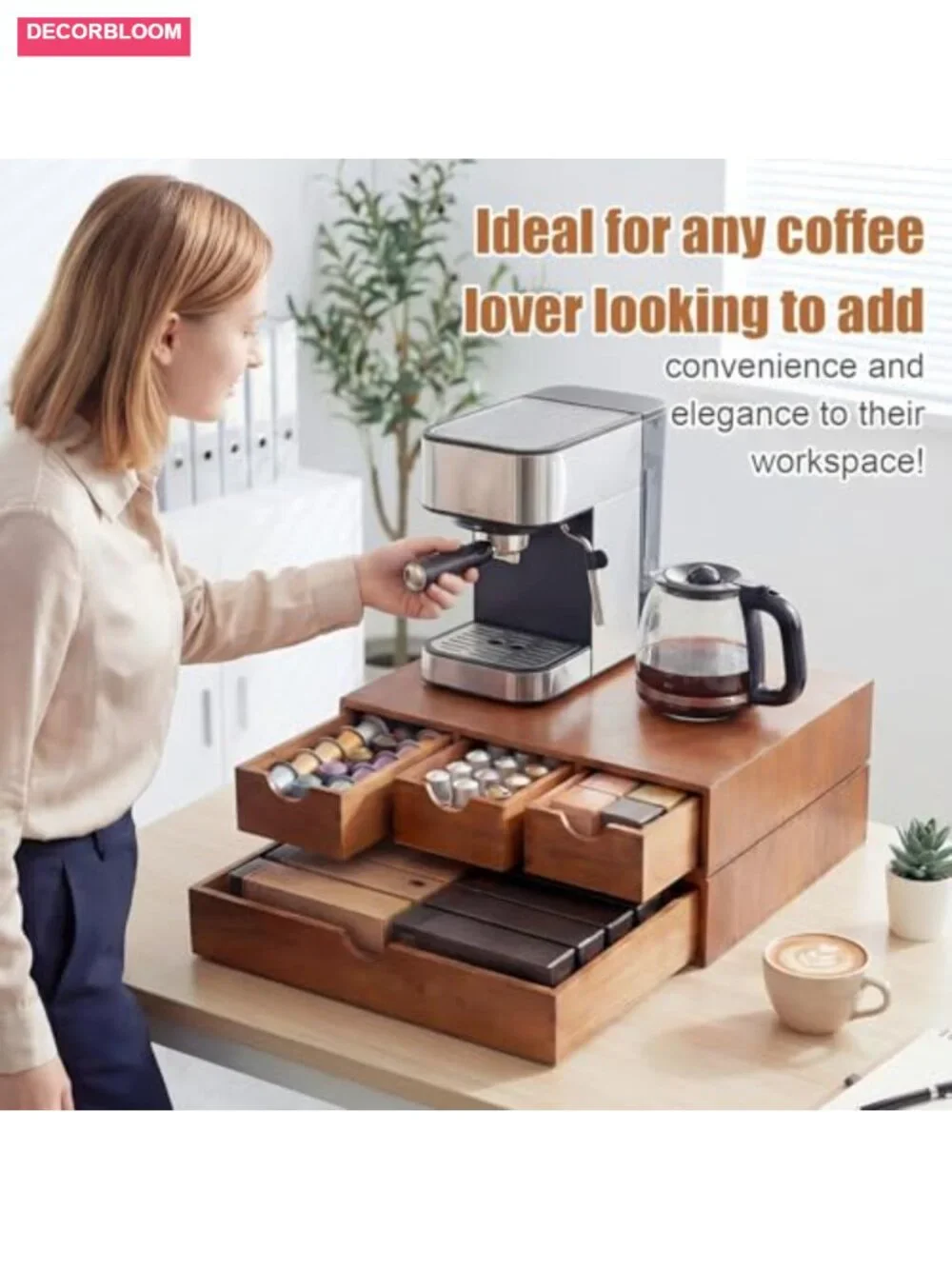 Double Layer Wood Coffee Pod Organizer Drawer Detachable Storage Box 3 Drawers